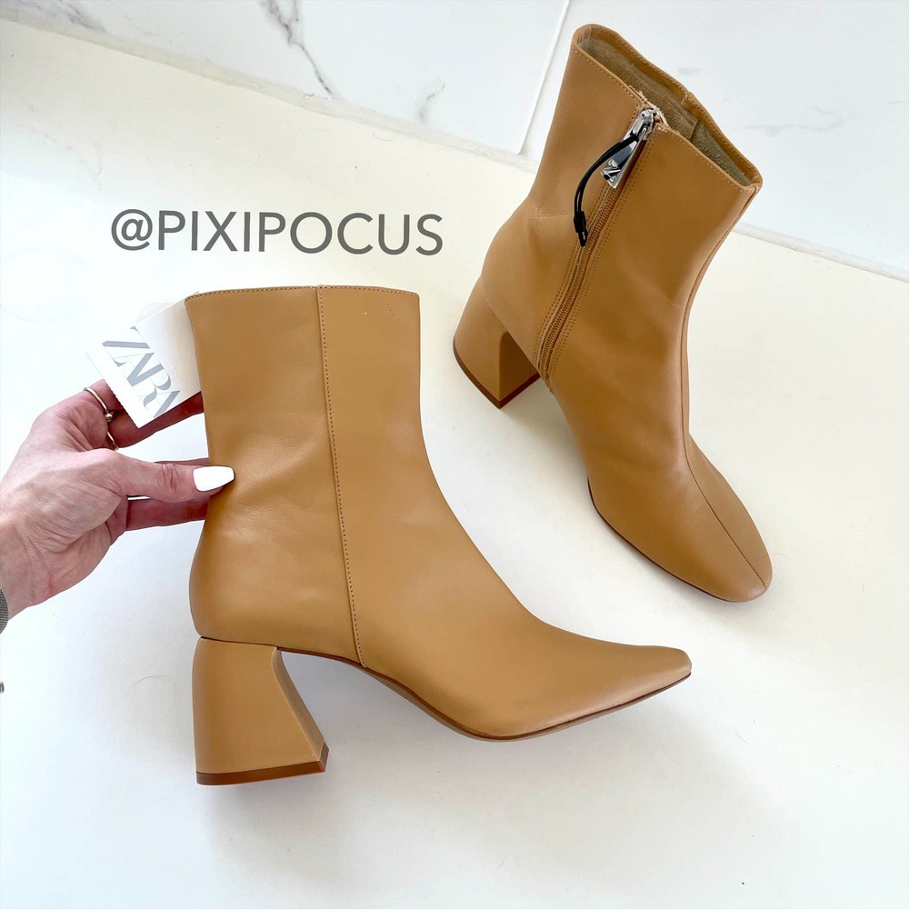 ZARA 100% LEATHER MID HEELED ANKLE BOOTS CAMEL / TAN